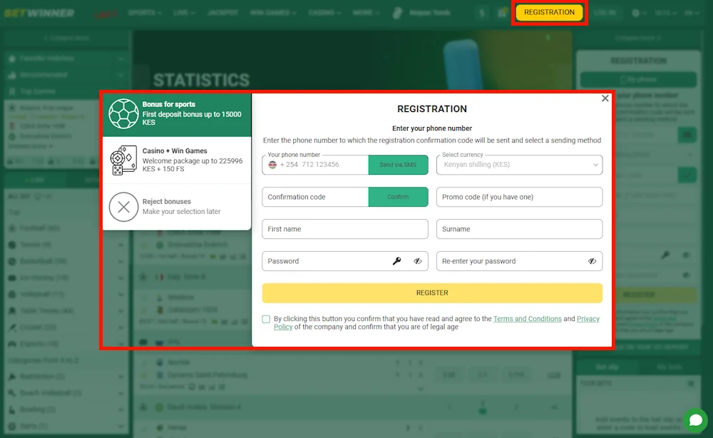 BetWinner Registration process Screenshot